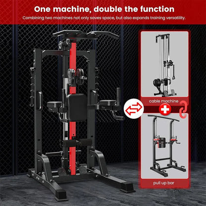 Pooboo Pull Up Bar Power Tower Dip Station with Cable Machine, 450LB Home Gym | Pull Up Bar, Dip Station and 16-Position Cable System for Pull Ups, Dips, Lat Pulldowns, Rows and Full-Body Training