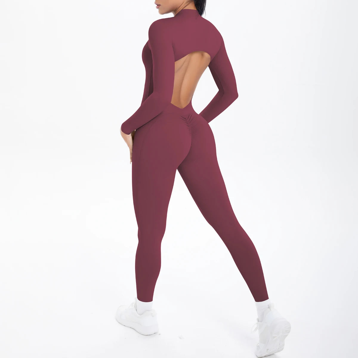 Solid Color Bodysuits for Woman's Backless Long Sleeved Zipper Yoga Jumpsuits High Dtrength Workout Sports Fitness Clothing Set