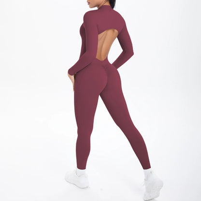Solid Color Bodysuits for Woman's Backless Long Sleeved Zipper Yoga Jumpsuits High Dtrength Workout Sports Fitness Clothing Set