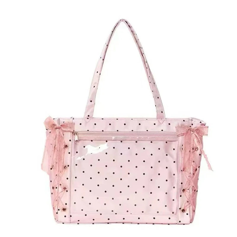 Sweet College Style Ribbon Ita Bag Women Fashion Shoulder Bags Large Capacity Tote Bag For Daily Commuting Transparent Handbag