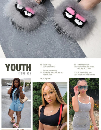 Natural Fox Fur Slippers, Fashionable Outdoor Multi-Color Animal Hair Slippers, Women's Gifts, Soft EVA Sole Slippers, On Trend