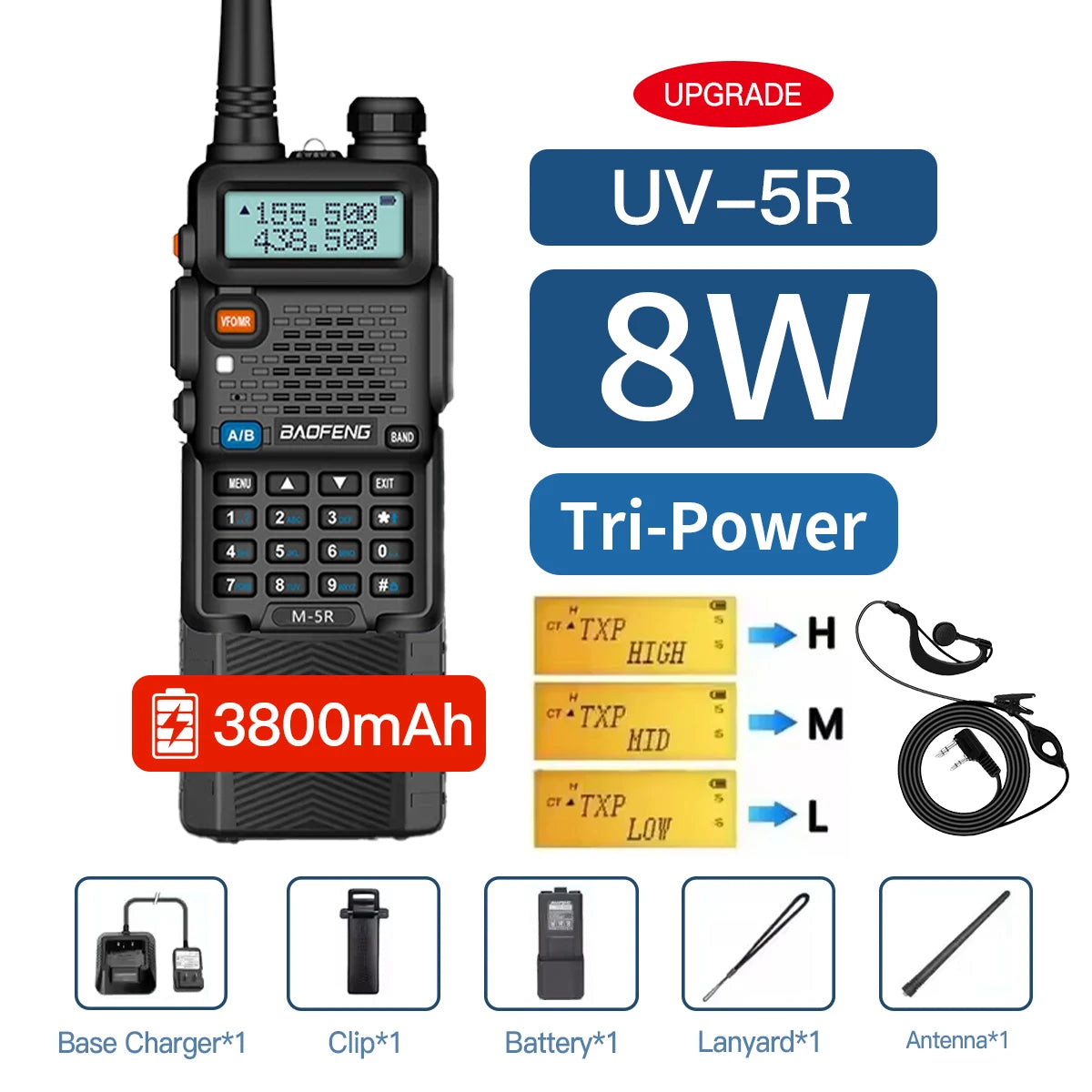 Baofeng UV5R 8W Tri-Power Walkie Talkie 5W High Power UHF VHF Dual Band Two-Way Radio Lange Afstand 128CH Handheld UV 5R CB Radi
