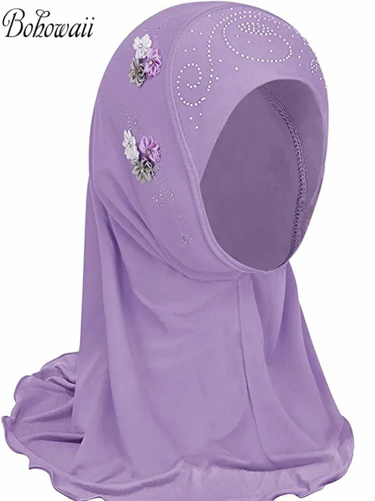 BOHOWAII Kids Girls Muslim Instant Hijab Ready To Wear Islamic Shawls Turban with Flowers Scarfs Jersey Head Wrap (2-7 Y)