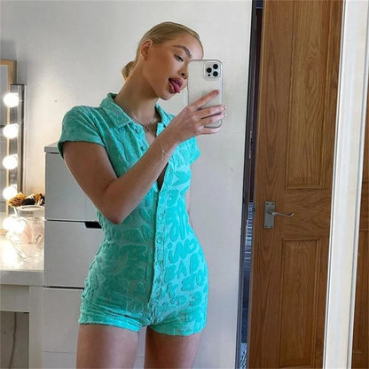 Women Y2K Furry Letter Pattern Button Front Romper Jumpsuit Casual Collared Short Sleeve Bodycon Romper Jumpsuit Pjs Sleepwear
