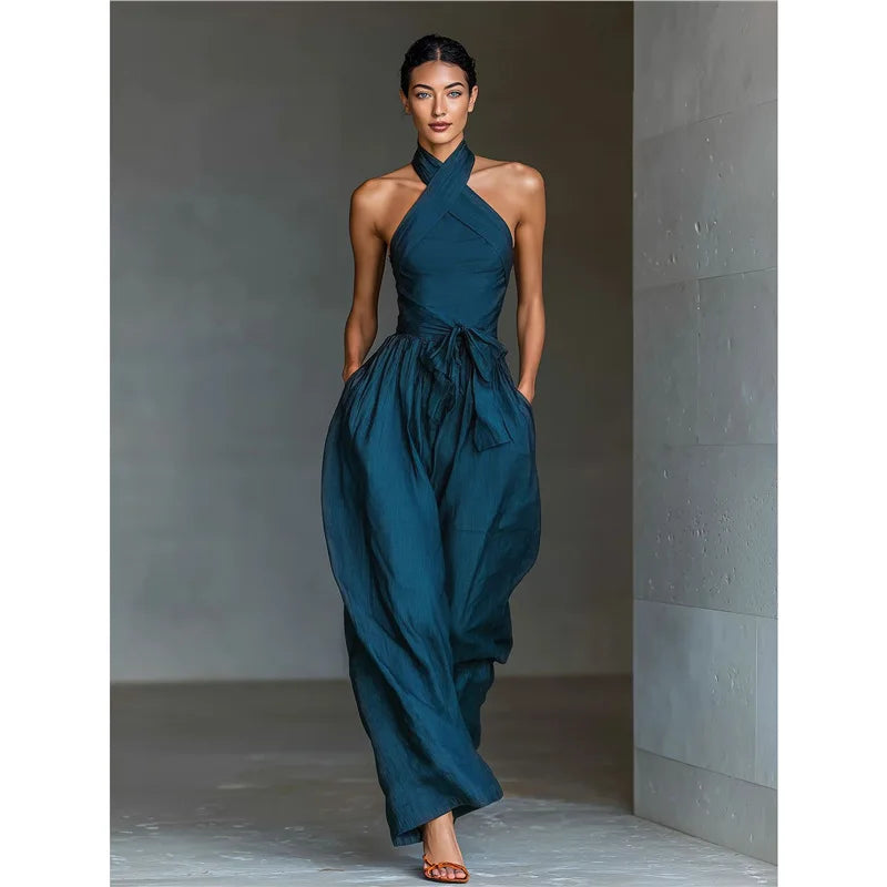 2026 High Waist Tie-up Wide Leg Pants Jumpsuit Woman Sexy Criss Cross Halter Backless Zips Romper Summer Solid Office Overalls