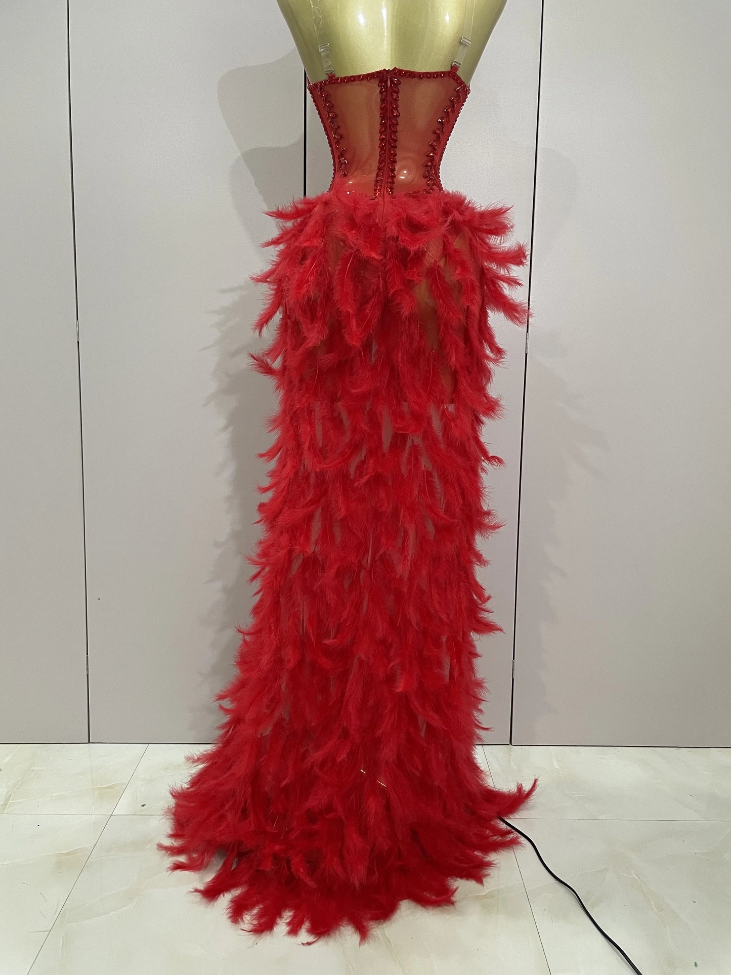 Luxury Sparkly Rhinestones Feathers Long Tail Dress Sexy Mesh Transparent Stage Bodysuit Evening Party Celebrate Birthday Dress