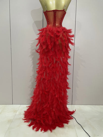 Luxury Sparkly Rhinestones Feathers Long Tail Dress Sexy Mesh Transparent Stage Bodysuit Evening Party Celebrate Birthday Dress