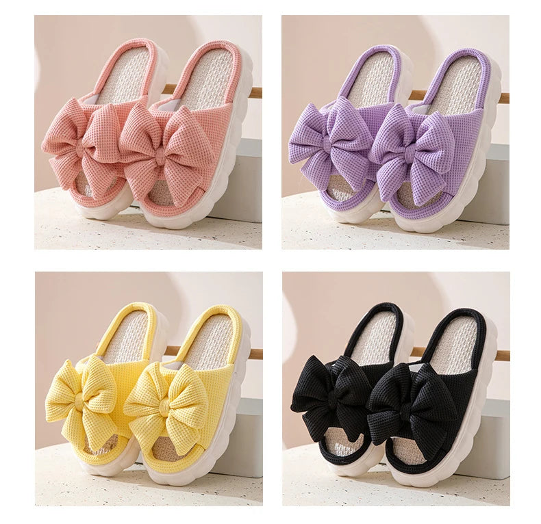 Bow Platform Women's Slippers Home Spring Summer Luxury Designer Woman Shoes 2026 Fashion Hemp Indoor Slides Lightweight Soft