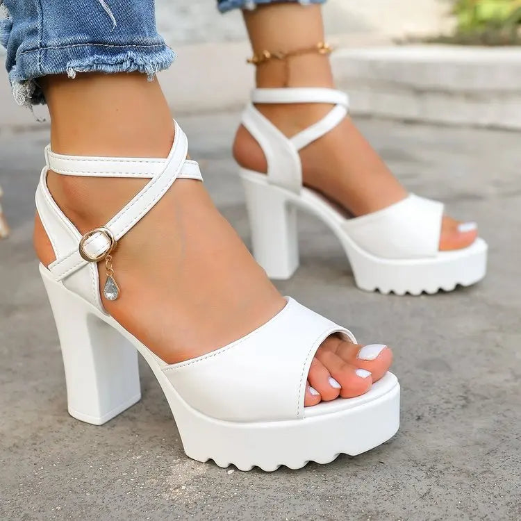 Summer Luxury Diamond Buckle Strap Women's Pumps Square Heel Solid Pumps Shoes Women Fashion Pu Platform High Heels Female