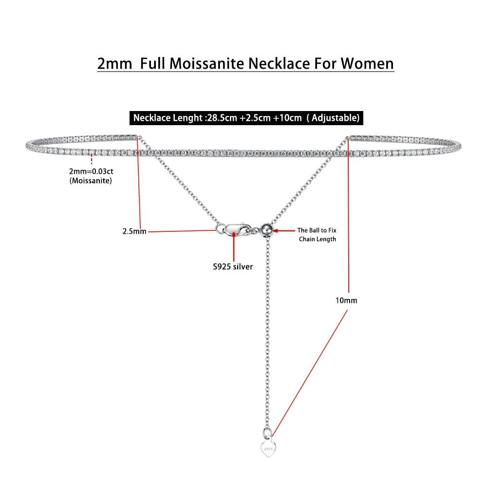 Serenity 2mm D Moissanite Tennis Necklace Women Gift Solid S925 Silver Strap Choker Clavicle Neck Chain Plated 18K Fine Jewelry