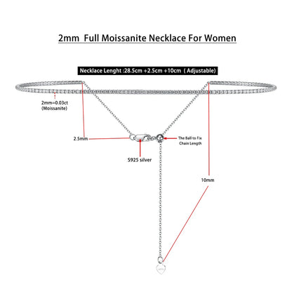 Serenity 2mm D Moissanite Tennis Necklace Women Gift Solid S925 Silver Strap Choker Clavicle Neck Chain Plated 18K Fine Jewelry