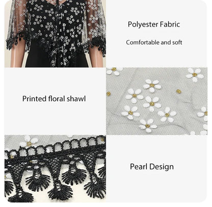 1 PCS Elegant Lace Pearl Tassel Shawl Women Scarf Fashion Printed Floral Wrap Summer Sun Protection Shawl