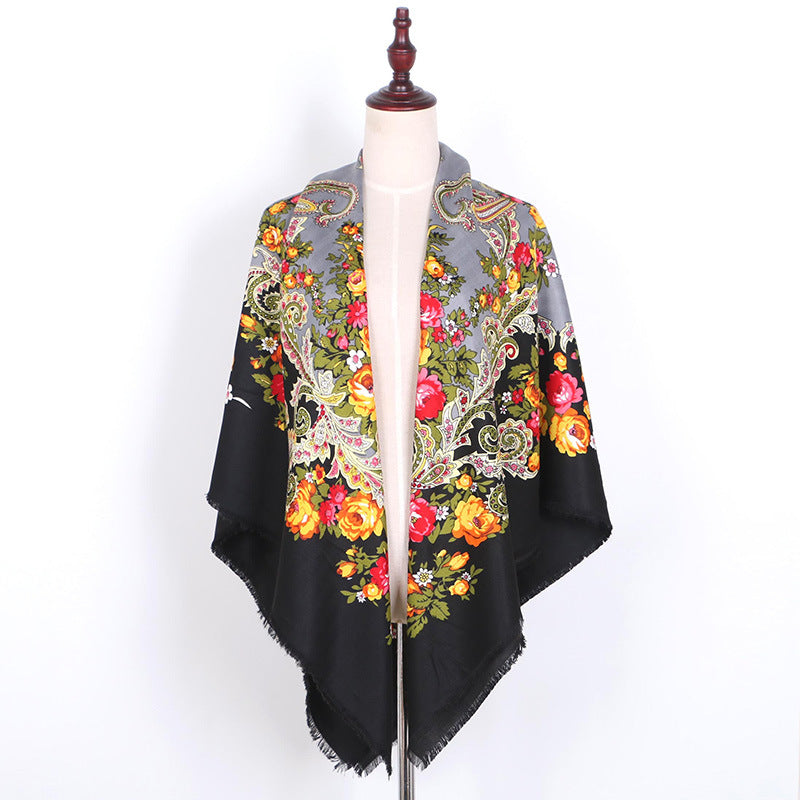 Russian Women Big Size Square Scarf Luxury Floral Print Bandana Wraps Female Retro Short Tassel National Shawl