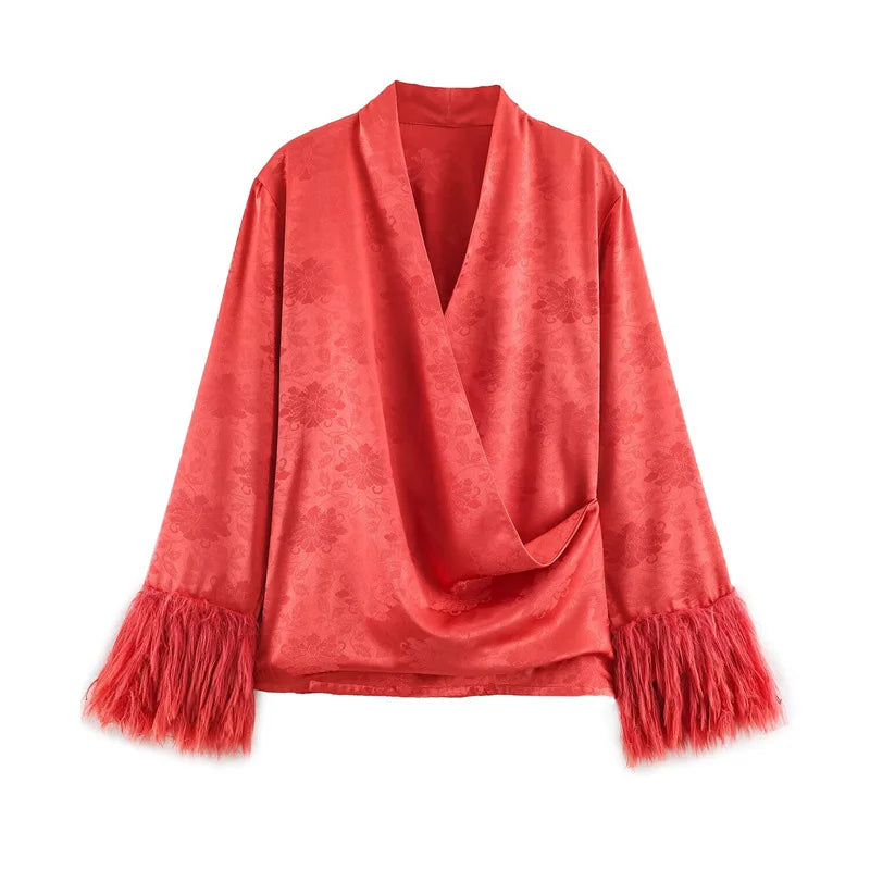 Jacquard Satin Fringe Three Piece Set Kimono Long Open Coat Wrap V Neck Top Fringe Trousers 2026 Summer Resort Lady Elegant Suit