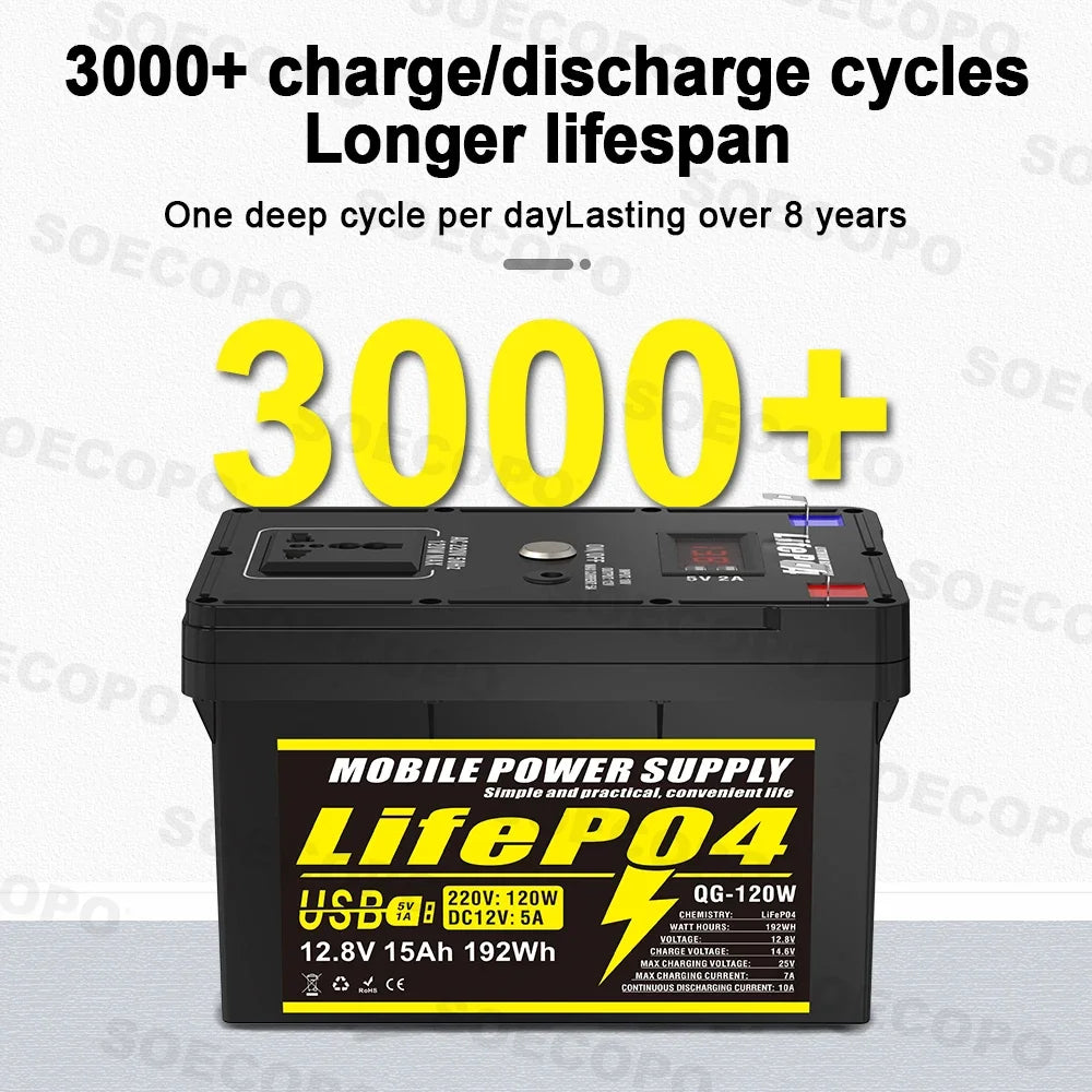SOECOPO 12V 15Ah Portable Lithium Iron Phosphate Battery Emergency with Plug and Play Universal Socket 2 X USB for RV Camping