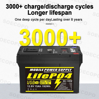 SOECOPO 12V 15Ah Portable Lithium Iron Phosphate Battery Emergency with Plug and Play Universal Socket 2 X USB for RV Camping