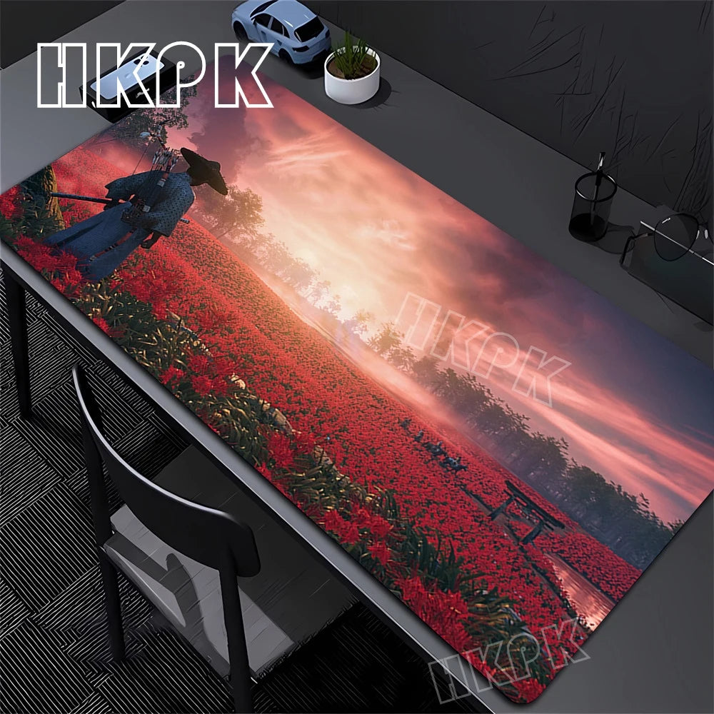 Samurai Mouse Pad XXL Black and White Gaming keyboard Mat Large Oni Samurai Extended Deskmat Ghost of Tsushima Mousepsd 90x40cm