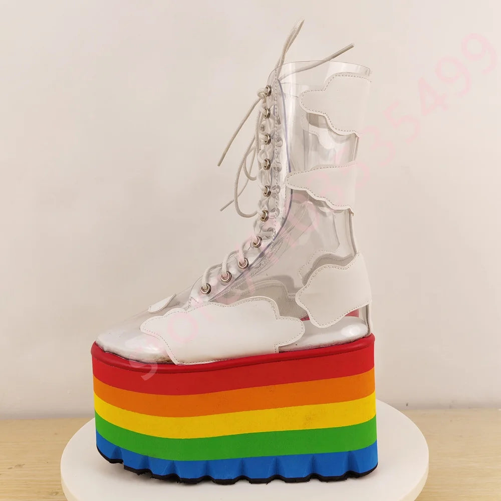 Rainbow Thick Sole Clear Pvc Short Boots 2025 New Round Wedge Heel Street Punk Cross-Lace Stage Boots Fashion Party Casual Boots