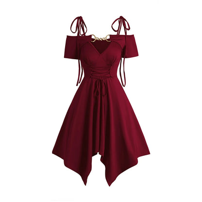 Dressfo 2025 Women's Black Dresses Cold Shoulder Lace Up Asymmetric Dress Tie Knot Shoulder Chain Solid Color Short Sleeve Dress