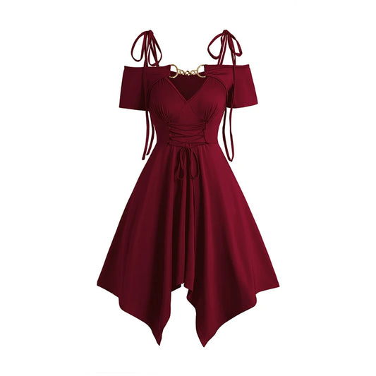 Dressfo 2025 Women's Black Dresses Cold Shoulder Lace Up Asymmetric Dress Tie Knot Shoulder Chain Solid Color Short Sleeve Dress