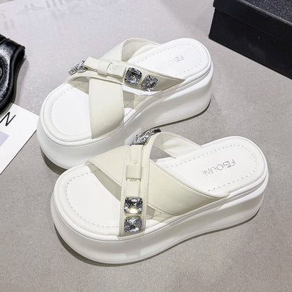 Summer Women's Luxury Rhinestone Bow Platform Wedge Slides Sandals Height Increasing Cross Open Toe Casual Beach Slippers Shoes