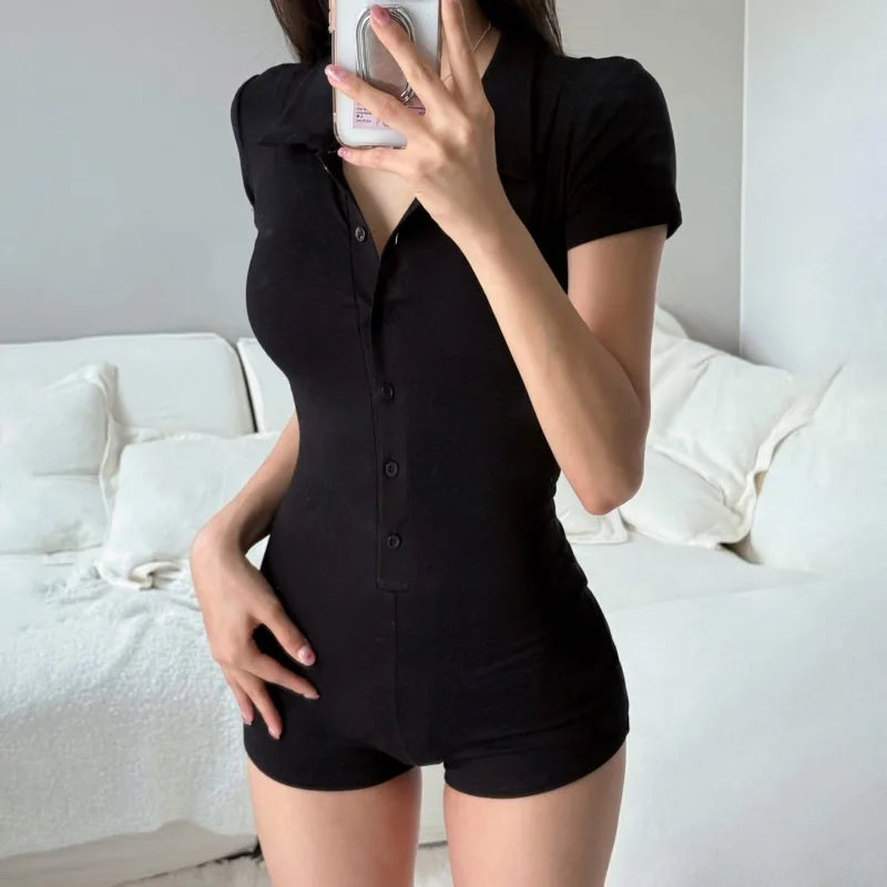 AltGoth Sexy New Fashion Playsuit Women Aesthetic Cyber Punk Dark Gothic Solid Color Short Sleeve Turn Down Collar Rompers Femme