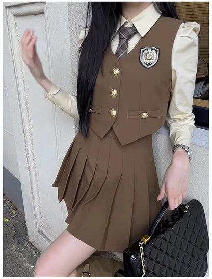 2024 england style uniform jk set suit autumn new suit waistcoat long sleeve shirt pleated skirt fashion three-piece women w753