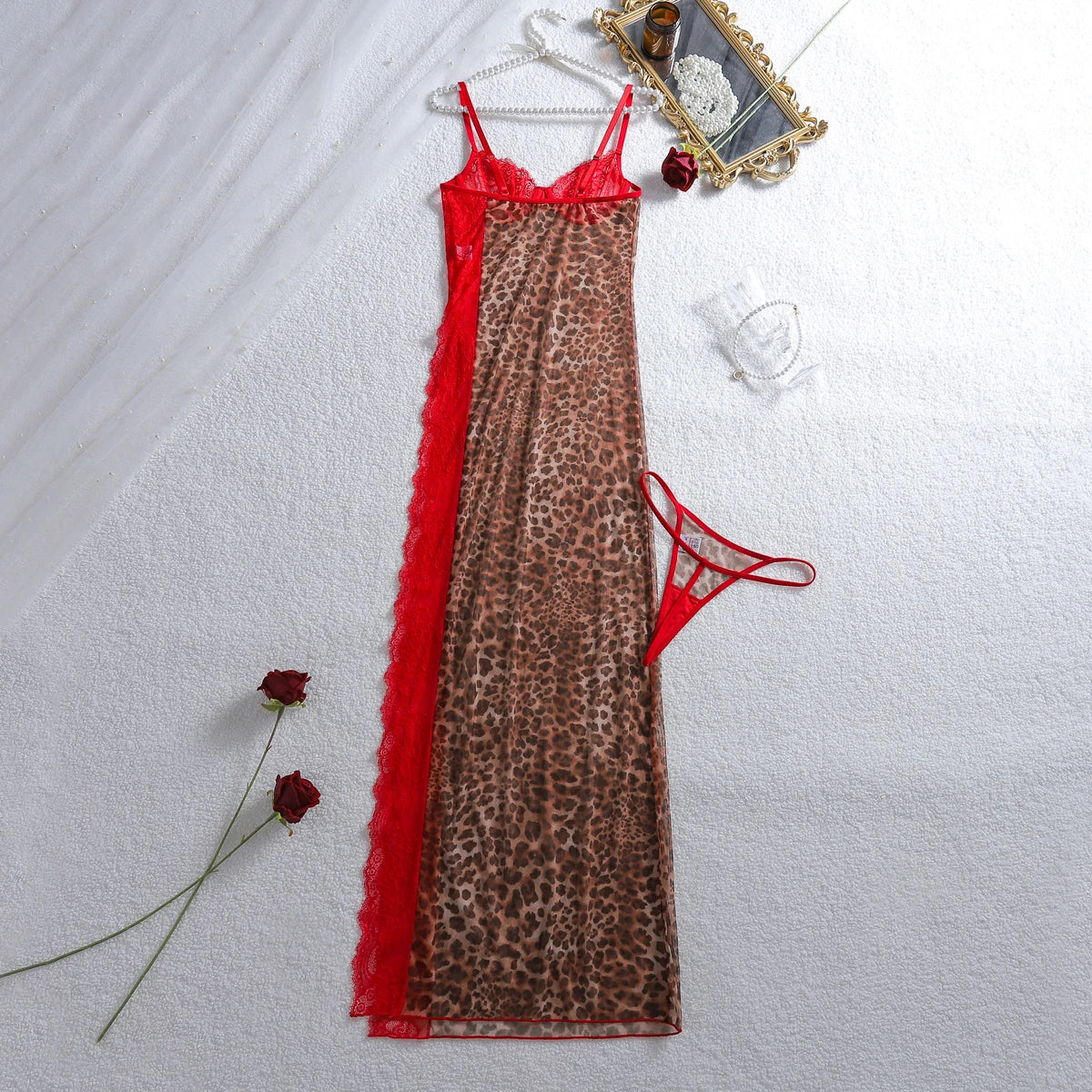 European and American Cross border 2026 Fashion High slit Strap Splicing Leopard Pattern Perspective Lace Sleeping Skirt Set