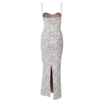 Women's Sexy Lace Splicing Strap Backless Dress Fashionable Slim Suspender Hip Covering Long Slit Female Nightclub Dresses 2026
