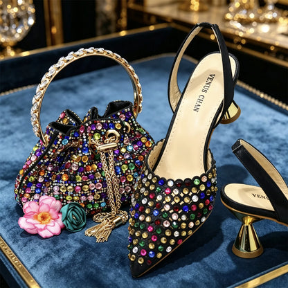 Multicolor Rhinestone Heels & Bag Set | Crystal Pointed Slingback Pumps, Women Wedding Bridal Evening Party Matching Shoes Handb