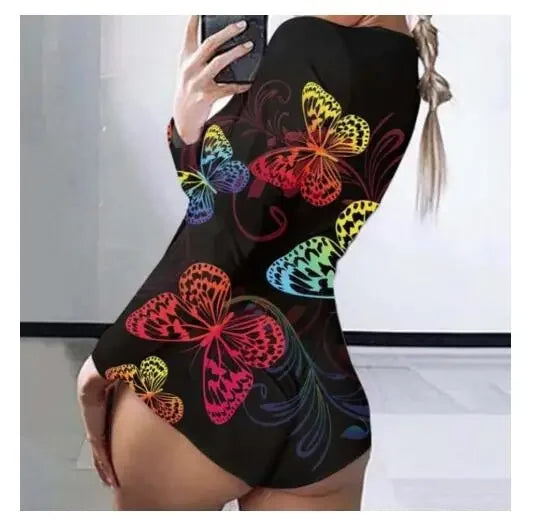 Adult Long Sleeve Pajamas Button Flip Cover Women's 1Piece Loungewear Butt Button Back Flap Jumpsuit Sleepwear Romper Home Wear
