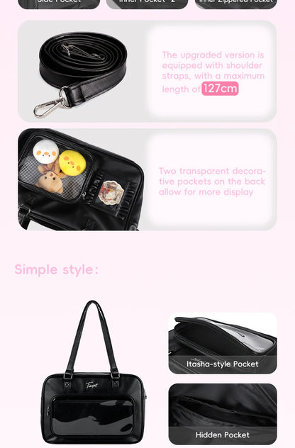 TINYAT PU Y2K Ita Bag Tote Lolita Girl Clear Window Display Message Bag Large Capacity Daily Commuting Handbag for Women School