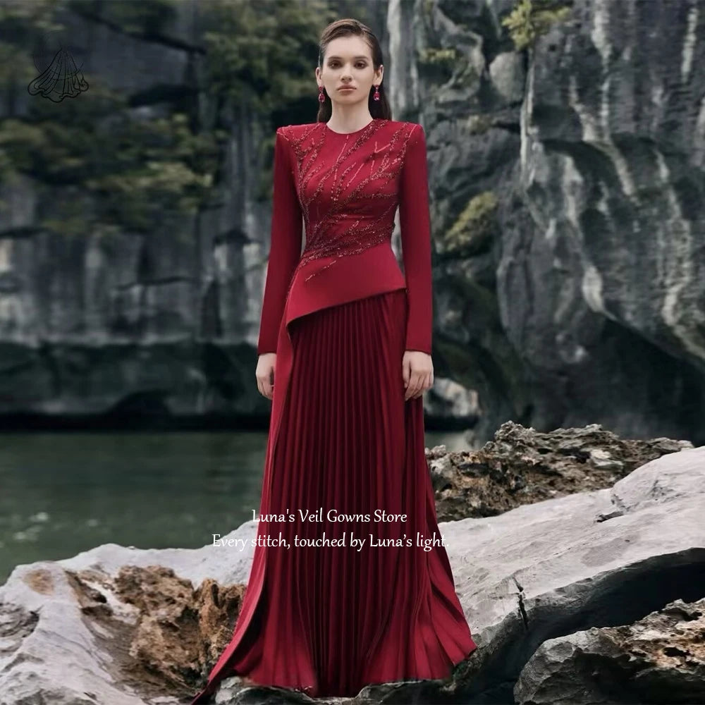 LunaV Exquisite Red Evening Dresses Chic O-Neck Long Sleeve Chapel Train Appliques Gowns Pleat Special Occasion Prom Dress