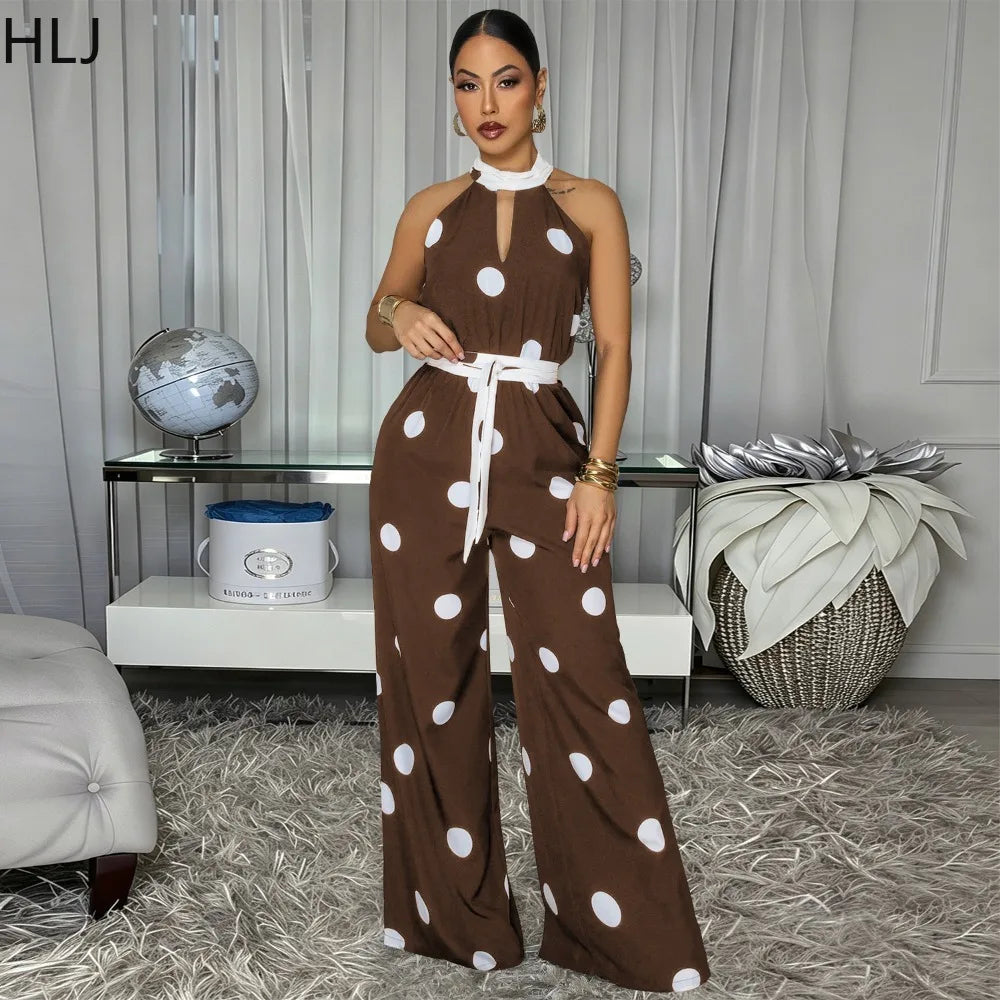 HLJ Retro Polka Dot Printting Bodycon Jumpsuit Women Halter Sleeveless Backless Rompers Casual Vacation Party Ladies Outfits New