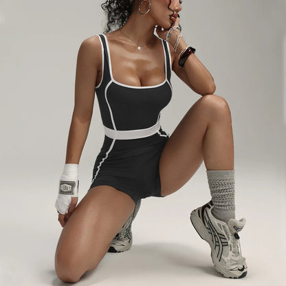 Women Colorblock Seamless Yoga Jumpsuit High Waist Butt Lifting Bodycon Shorts Workout Running Fitness Athletic Bodysuit