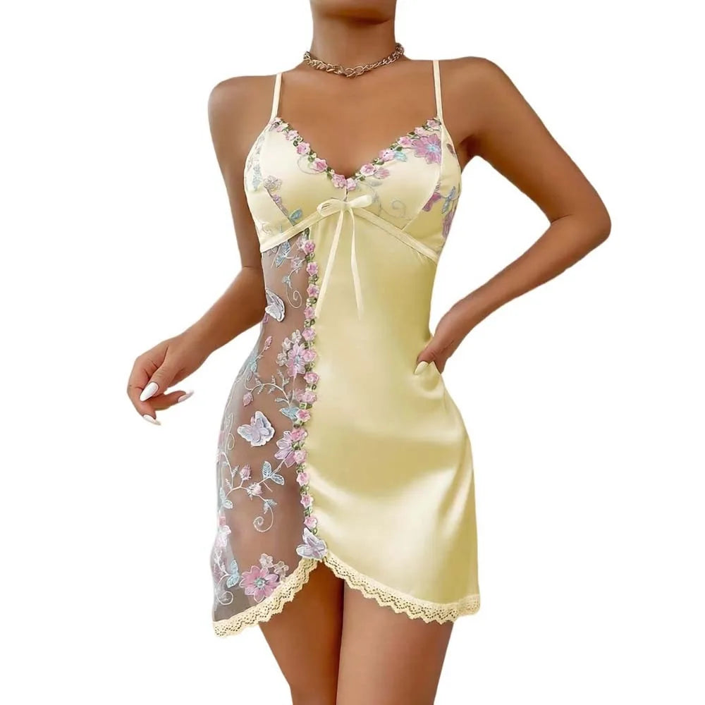 Thin Lace Bow Women's Pajama Dress Embroidered Mesh Transparent Ice Silk Suspender Nightdress Sleeveless Sleepwear