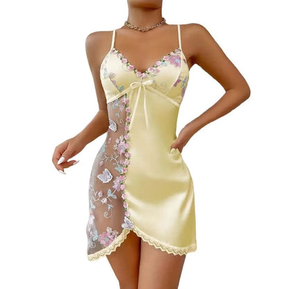 Thin Lace Bow Women's Pajama Dress Embroidered Mesh Transparent Ice Silk Suspender Nightdress Sleeveless Sleepwear