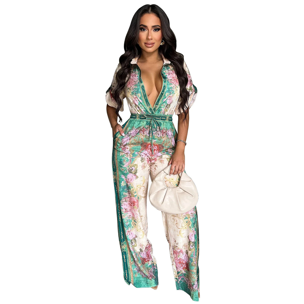 Jumpsuits Women Print One Piece Short Sleeve Overalls Wide Leg Long Pants High Waist Rompers Y2k Streetwear Beach V Neck 2025
