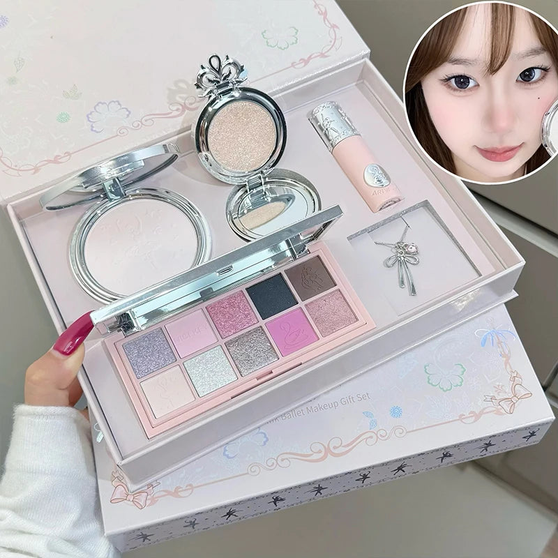 NICEKEY Makeup Sets Include 1*Lip Stain,1*Pressed Powder,1*Highlight Powder,1*Eyeshadow Palette With Necklace Gift Cosmetics Kit