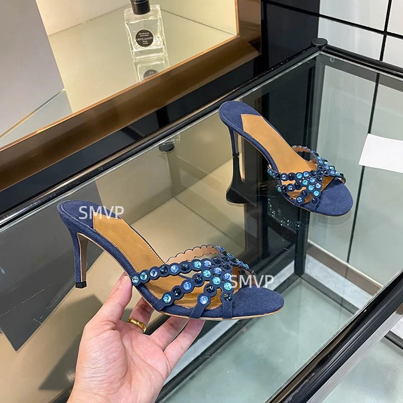 Summer 2026 Women's Pink Crystal High Heels Diamond-Encrusted Slim Heel Sandals for Outdoor Weddings Parties Fashionable Ladies'