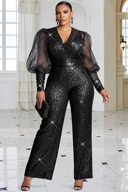 Plus Size Formal Black V Neck Puff Sleeve Long Sleeve See Through Elegant Pocket Tulle Sequin Jumpsuits