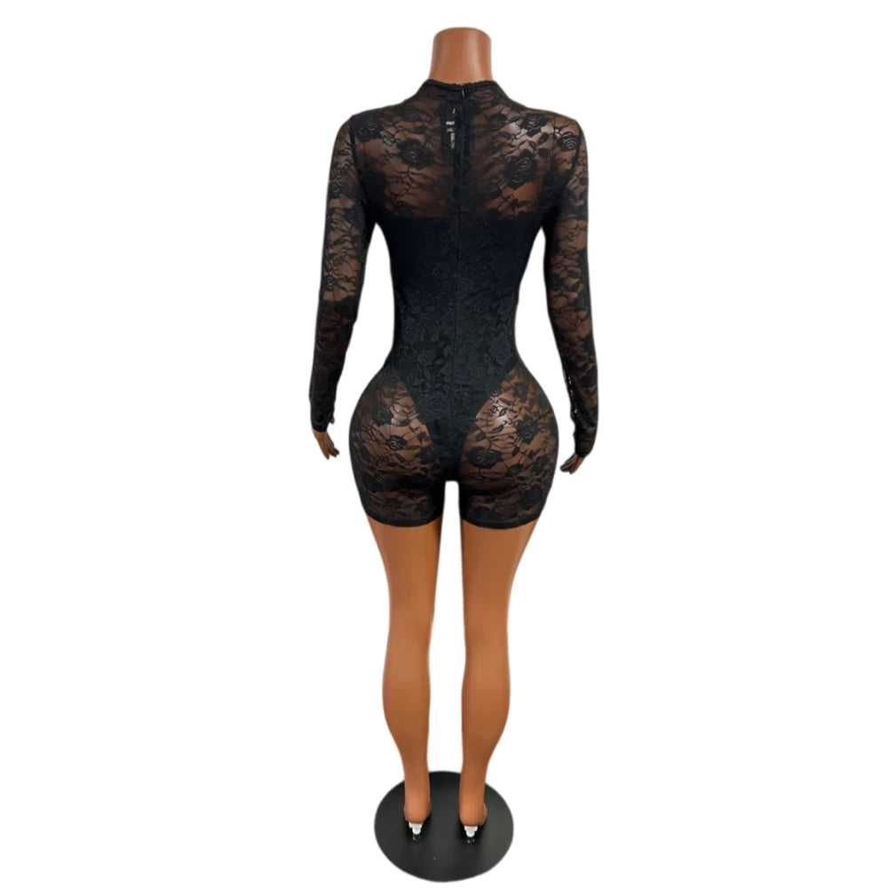 FAGADOER Sexy Black Floral Lace Rompers for Women Fashion Hollow Out Long Sleeves Bodycon Jumpsuits Night Club Mesh Playsuits