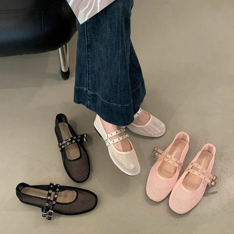 Women New Luxury Brand Hollow Ballet Flats Comfort Soft Soled Dance Shoe Sandals Flat Shoes Mules Loafers Designer Mesh