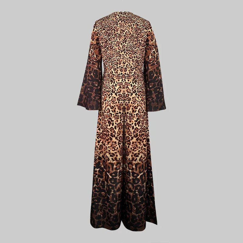 Ladies Fashion Leopard Printing Round Collar Flare Sleeve Wide-leg Jumpsuits High Street Loose Fit Club One Piece Overalls