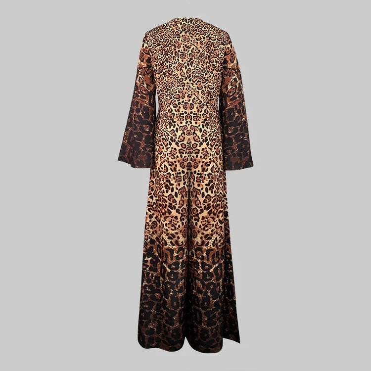 Ladies Fashion Leopard Printing Round Collar Flare Sleeve Wide-leg Jumpsuits High Street Loose Fit Club One Piece Overalls