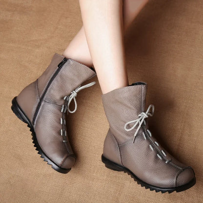 JIANBUDAN/ Genuine Leather Plush Women's Short Boots Retro Casual Autumn Winter Women's Boots Waterproof Leather Warm Snow Boots