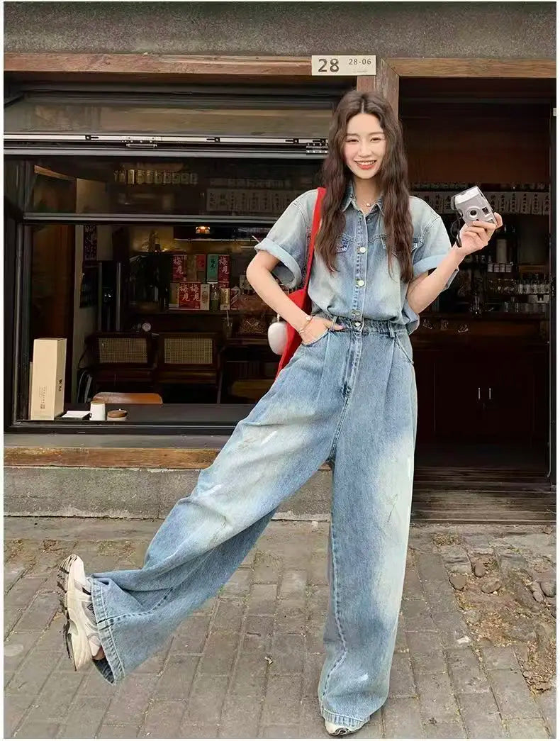 Denim Vintage Jumpsuits Women Single Breasted Button Design Turn-down Collar Long Sleeve Romper Solid Pockets Overalls