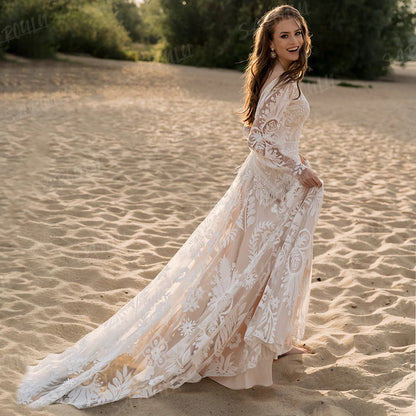 Bohemian  Long Puffy Sleeves Elopement Bridal Gowns Allover Lace Wedding Dress  A Line V Neck Tassel Boho Beach Bride Dresses