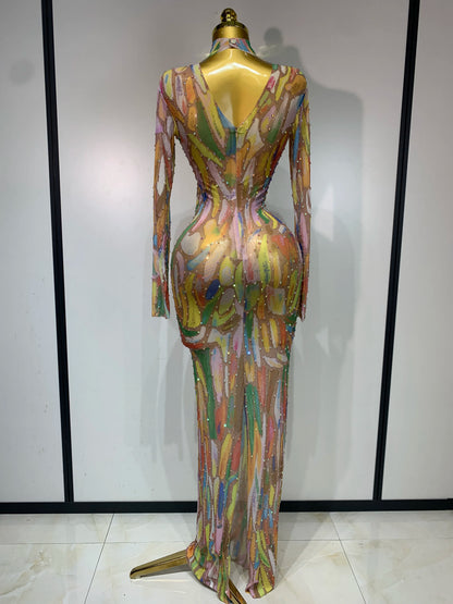 Sparkly Rhinestone Stretchy Mesh See Through Dress Women Performance Dancer Costume Rompers Party Nightclub Stage Outfit