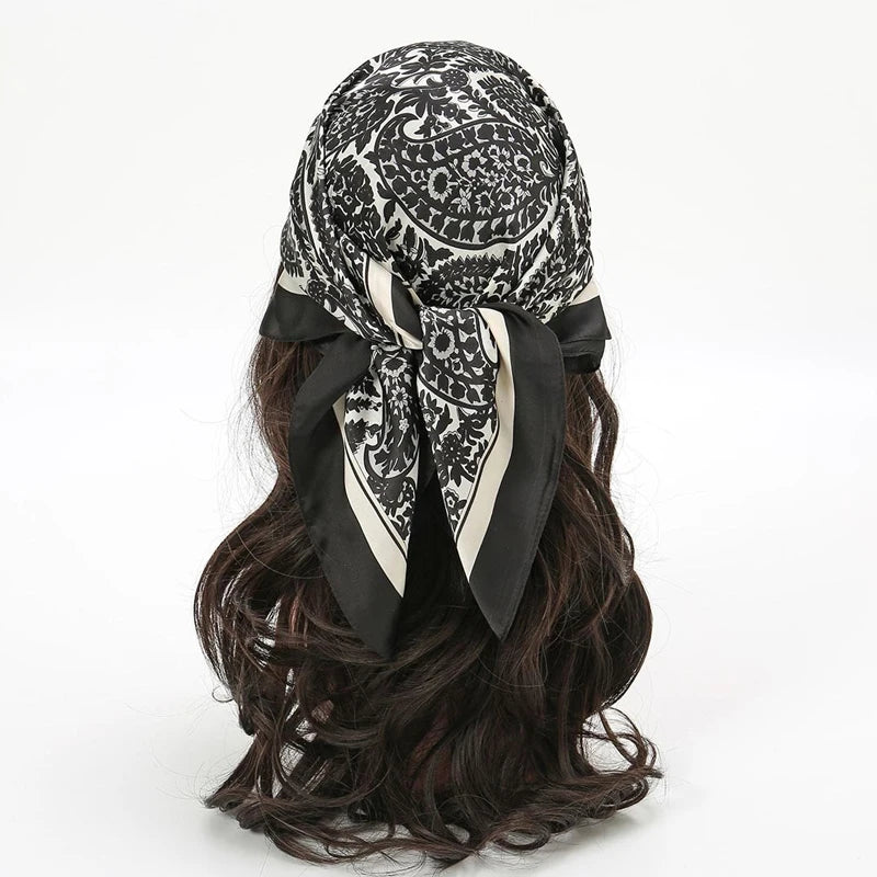Fashion Bohemian Style Floral Print Women’s Square Silk Scarf Satin Head Wrap Tropical Leaf Flower Design Scarves Bandana Hijab